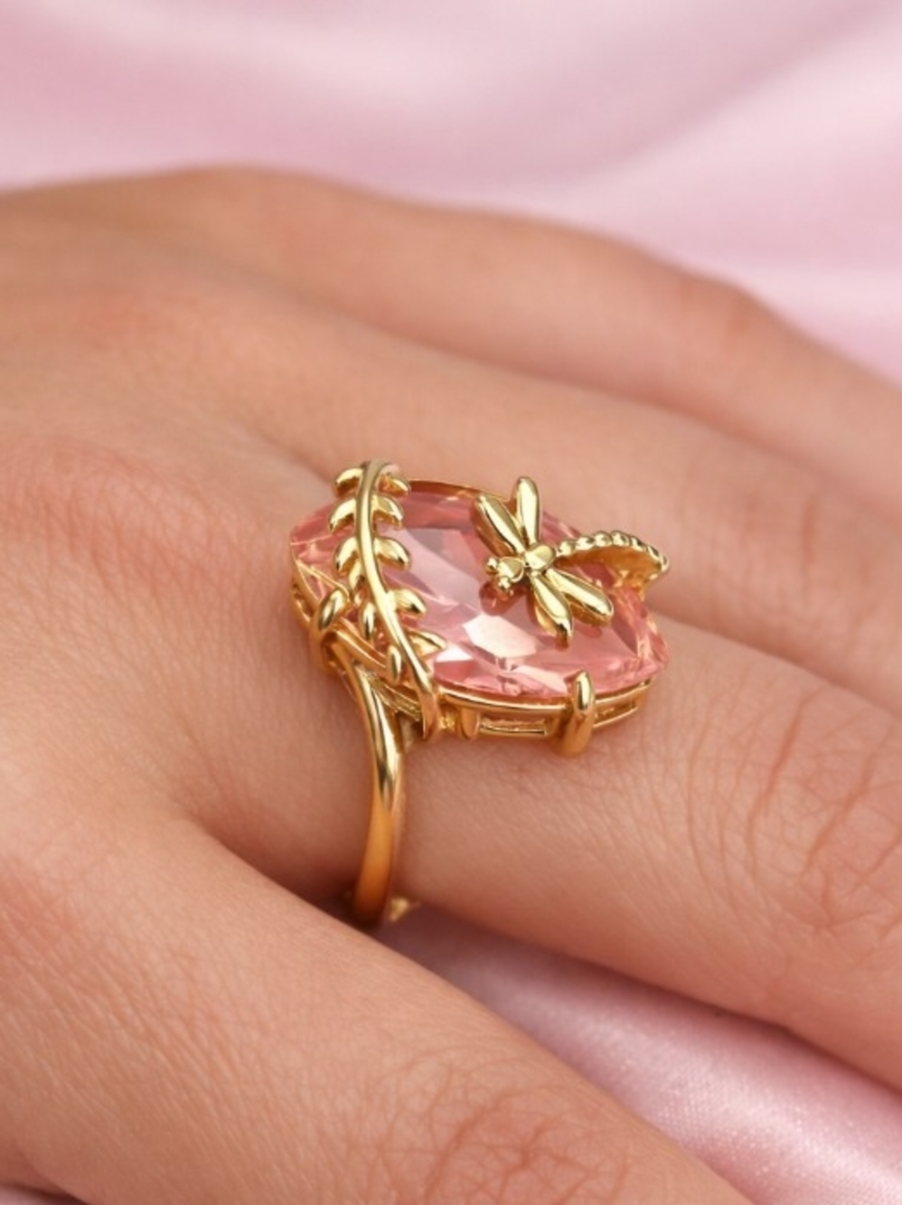 Gold Dragonfly Ring with Pink Marquise Crystal CHUNKY & Bold - Picture 5 of 9